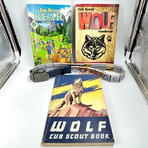 Lot of 4 BSA Boy Scout Lot Bear Cub Wolf BOOKS pbk + Tiger BELT w/ (20) Awards